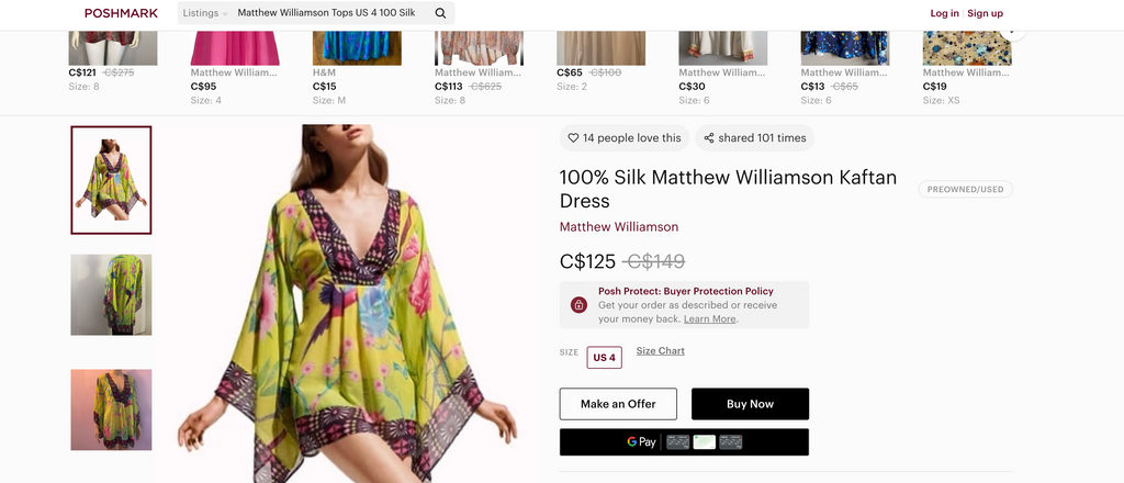 100% Silk Kaftan Top Matthew Williamson for H&M | Size S at Blue Sparrow Resale Shop measuring 17" batwing sleeve compare at $125 on poshmark 