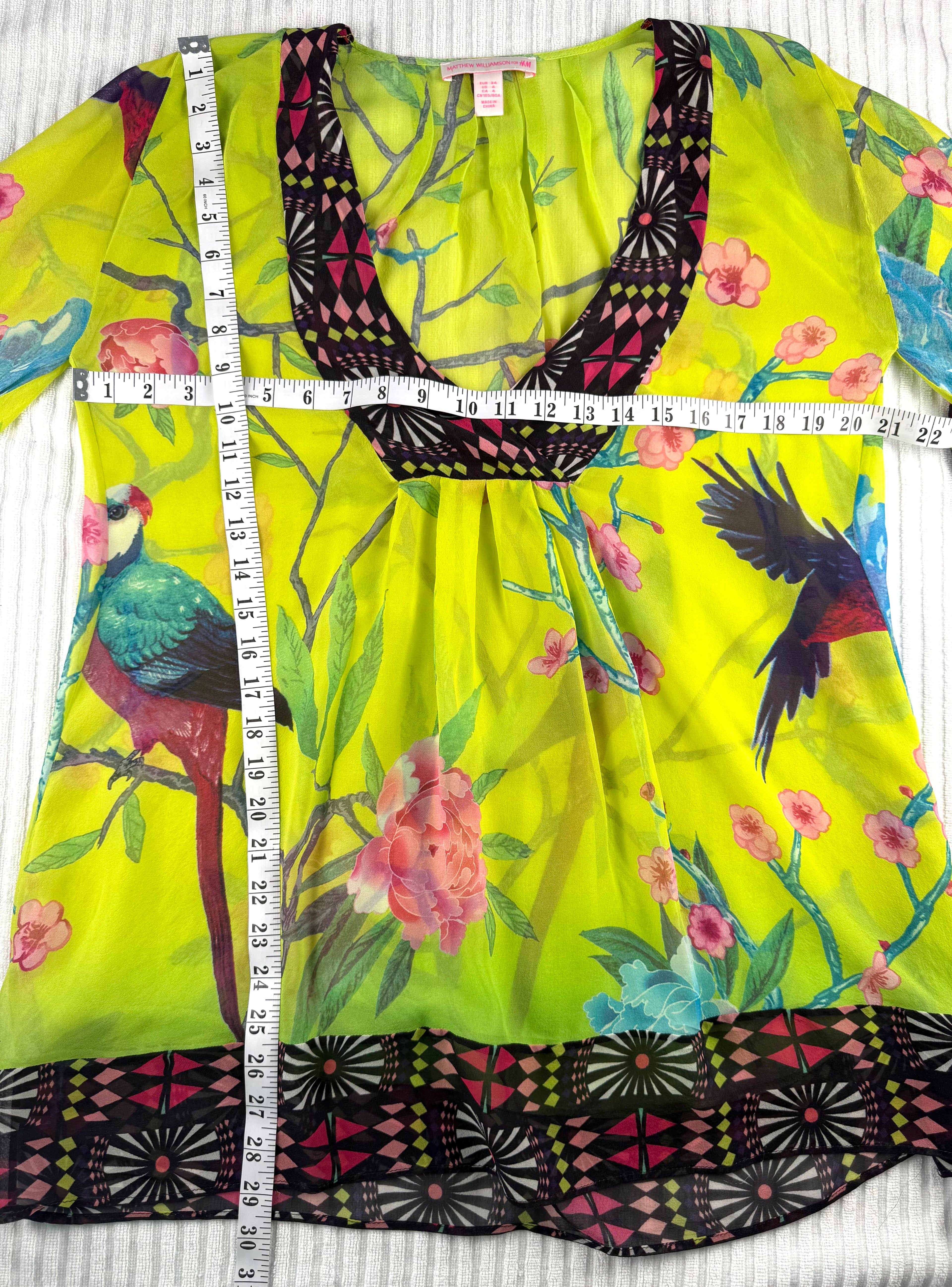 100% Silk Kaftan Top Matthew Williamson for H&M | Size S at Blue Sparrow Resale Shop measuring 40" bust and 30" shoulder to hem 