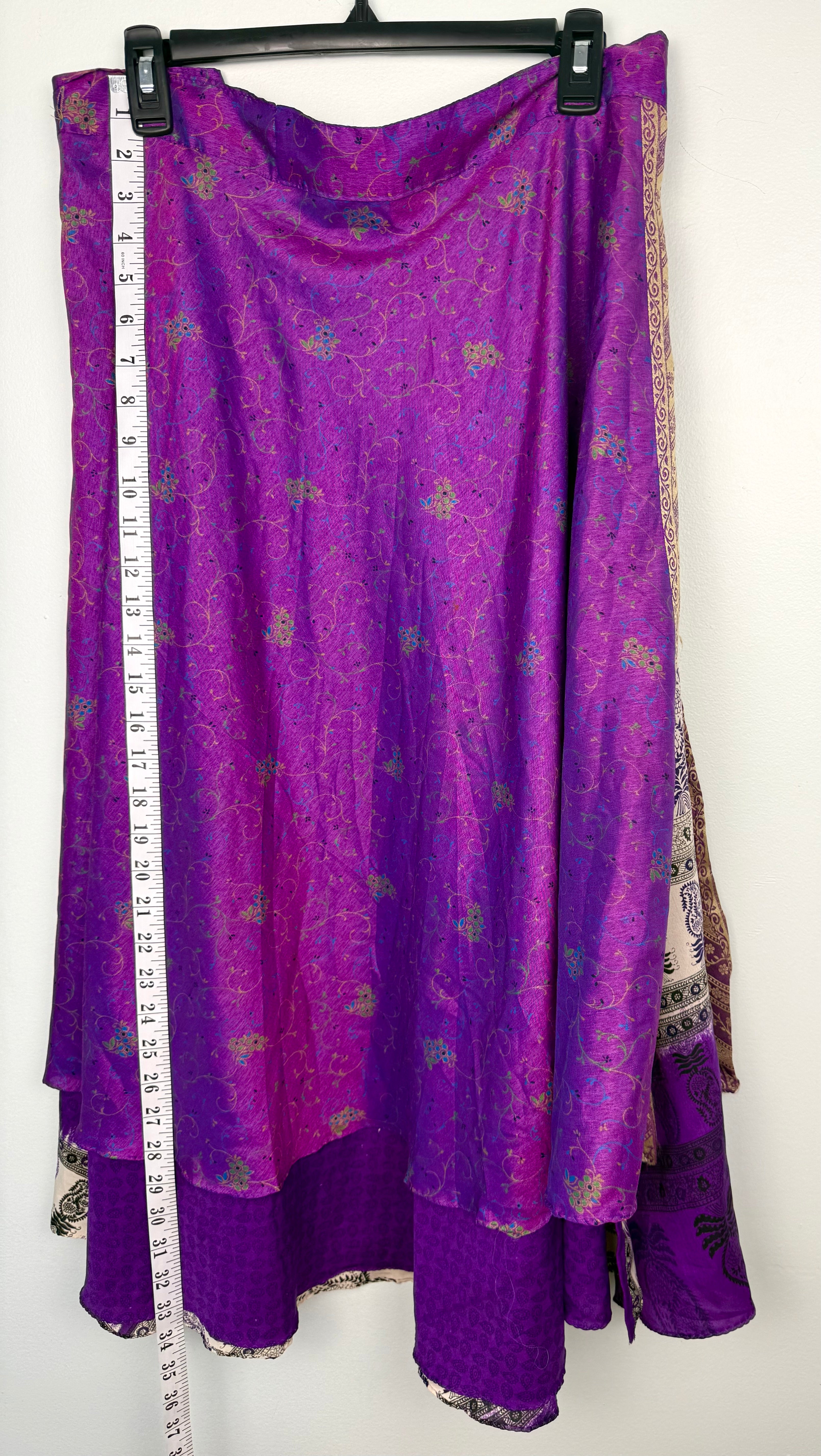 100% Silk Wrap Skirt | NWT Reversible Sari Skirt | Handmade in India at Blue Sparrow Shop on hanger showing 34' length