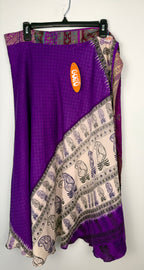 100% Silk Wrap Skirt | NWT Reversible Sari Skirt | Handmade in India at Blue Sparrow Shop on hanger showing new tag