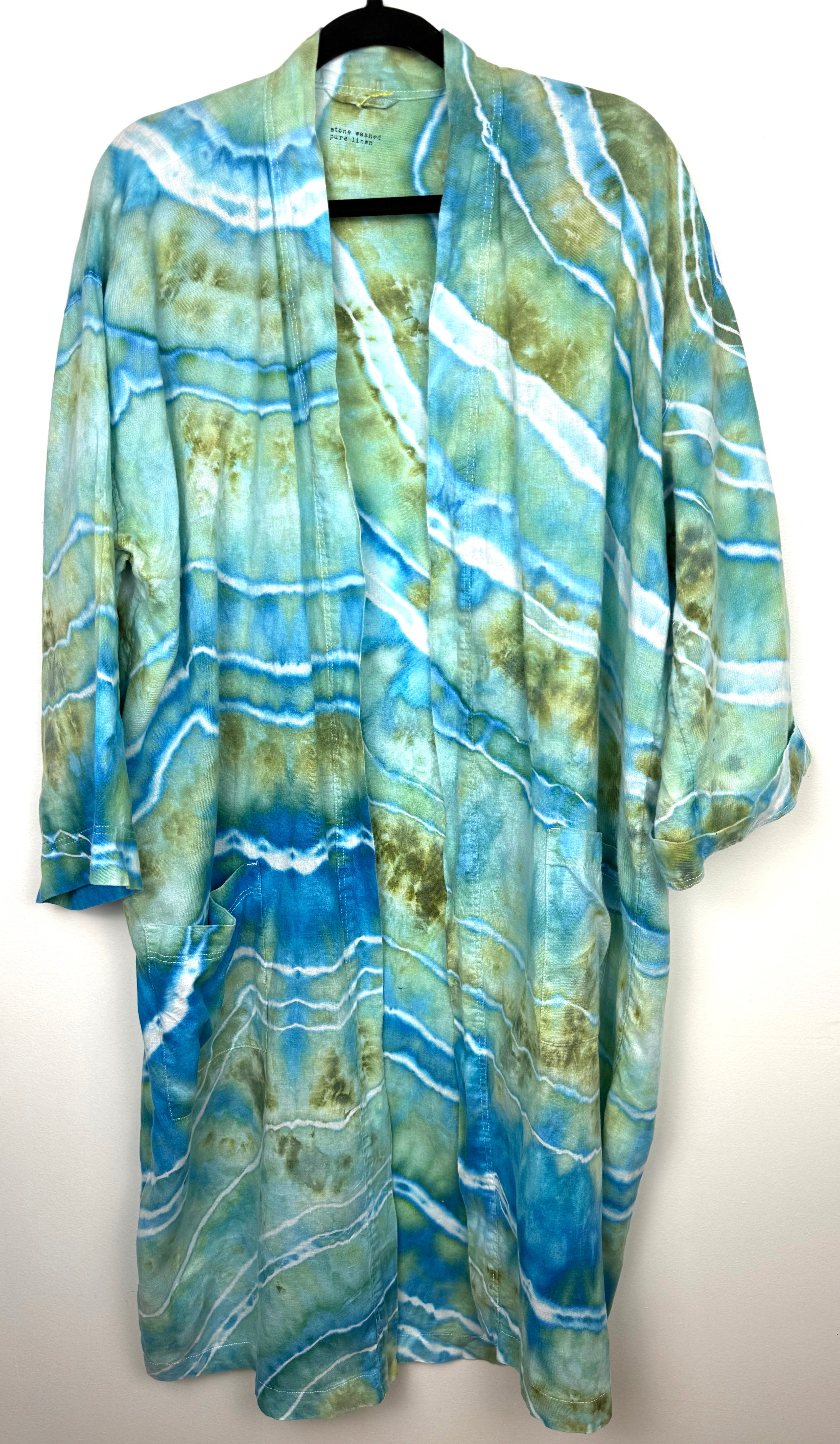 100% Stone-Washed Pure Linen Hand-Dyed Duster | Local Lanark County Artisan | Size XL  at Blue Sparrow Shop on hanger