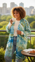 100% Stone-Washed Pure Linen Hand-Dyed Duster | Local Lanark County Artisan | Size XL  at Blue Sparrow Shop on woman drinking coffee on her patio 