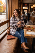 100%  Cotton Tilley Plaid Shirt | Size 2X on woman sitting in shop looking out window 