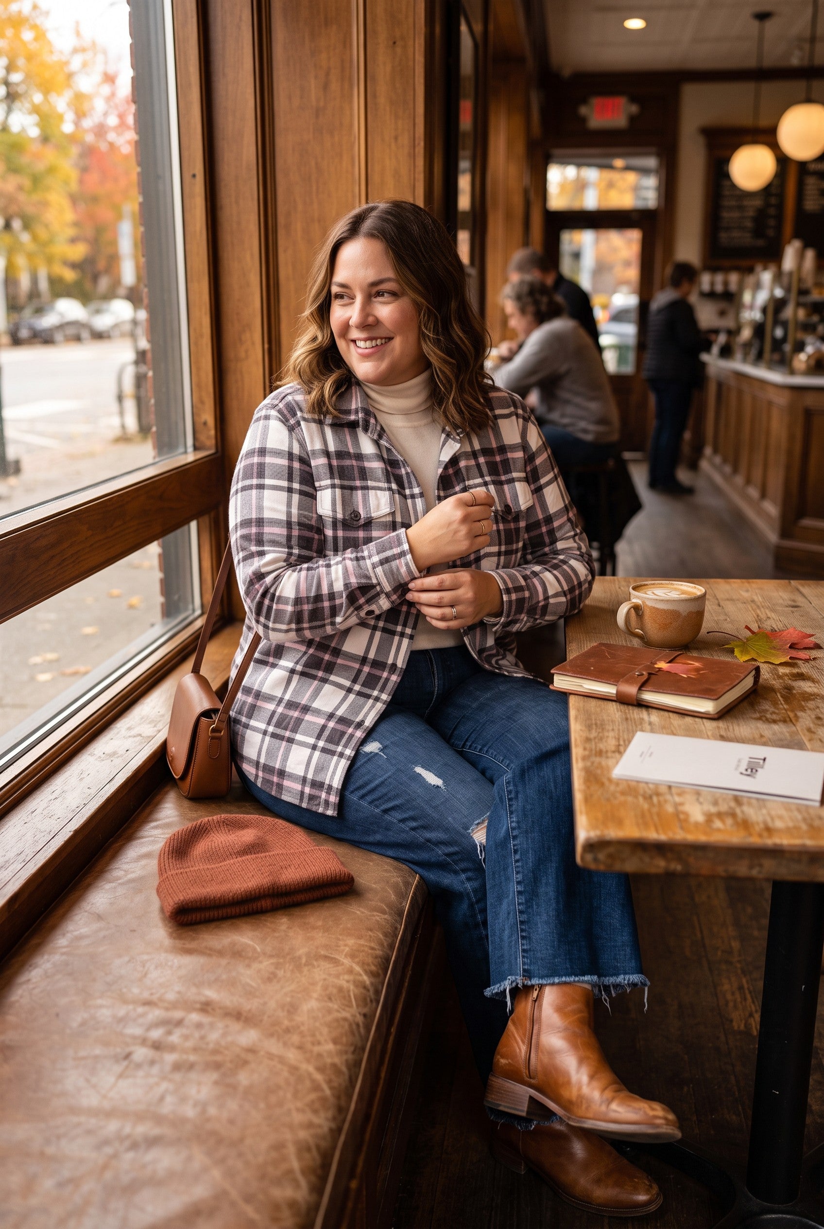 100%  Cotton Tilley Plaid Shirt | Size 2X on woman sitting in shop looking out window 