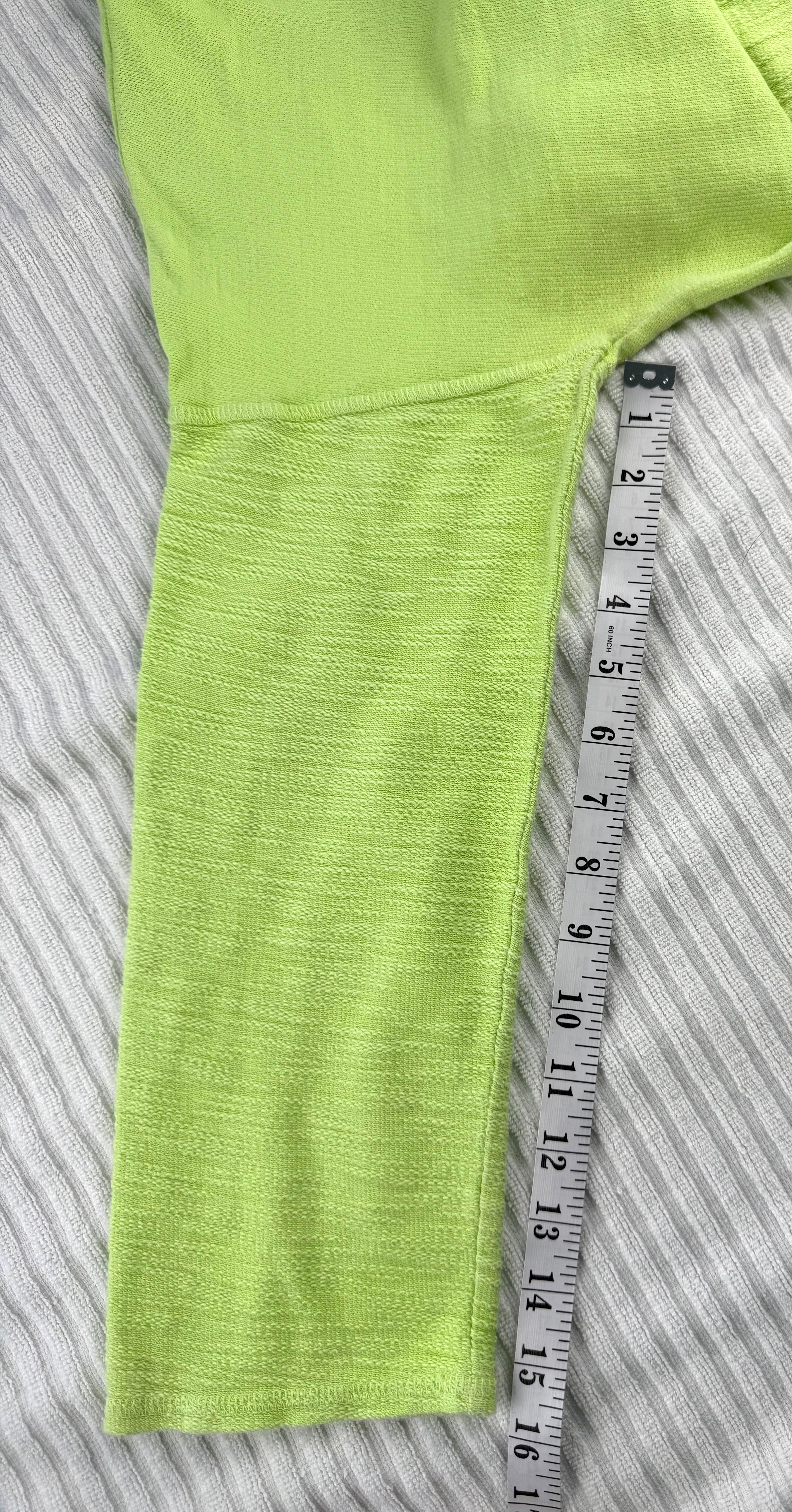 100% cotton Made in USA lime/chartreuse green oversized boxy scoop neck top at Blue Sparrow Shop measuring 16" sleeve 