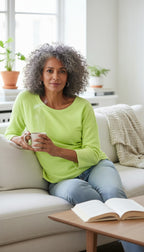 100% cotton Made in USA lime/chartreuse green oversized boxy scoop neck top at Blue Sparrow Shop on woman sitting on the couch 