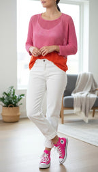 100% cotton Melanie Lyne Mesh Knit Sweater | Size L at Blue sparrow Shop on woman in white jeans and hot pink chucks