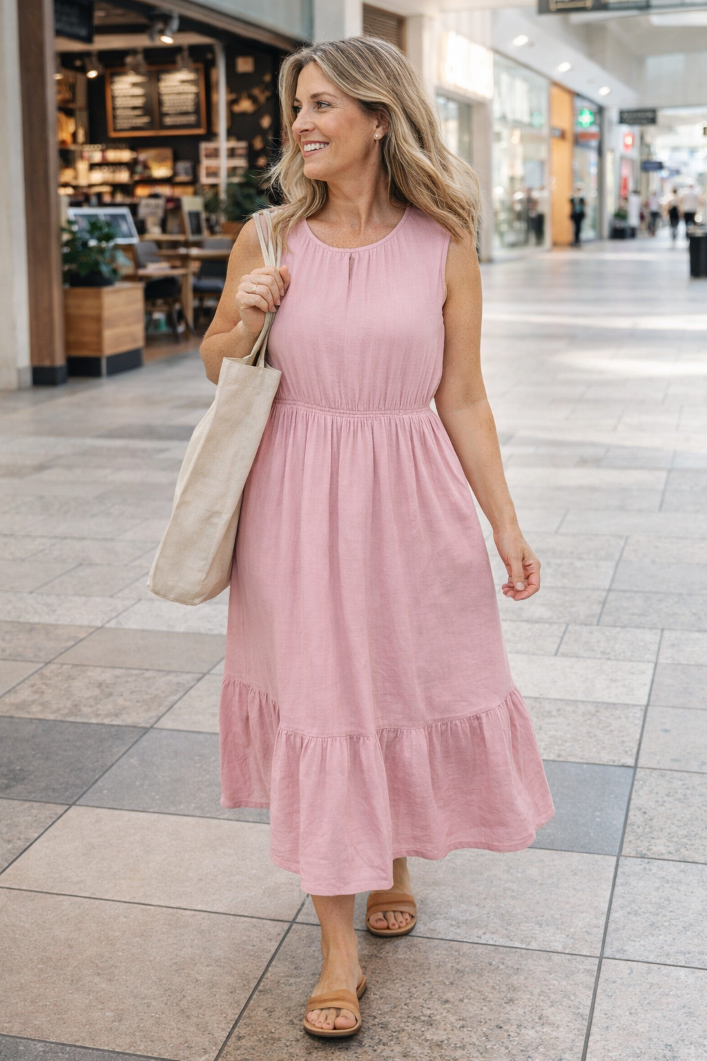 Pact 100% organic cotton tiered midi dress | Size XXL on woman walking in a mall 