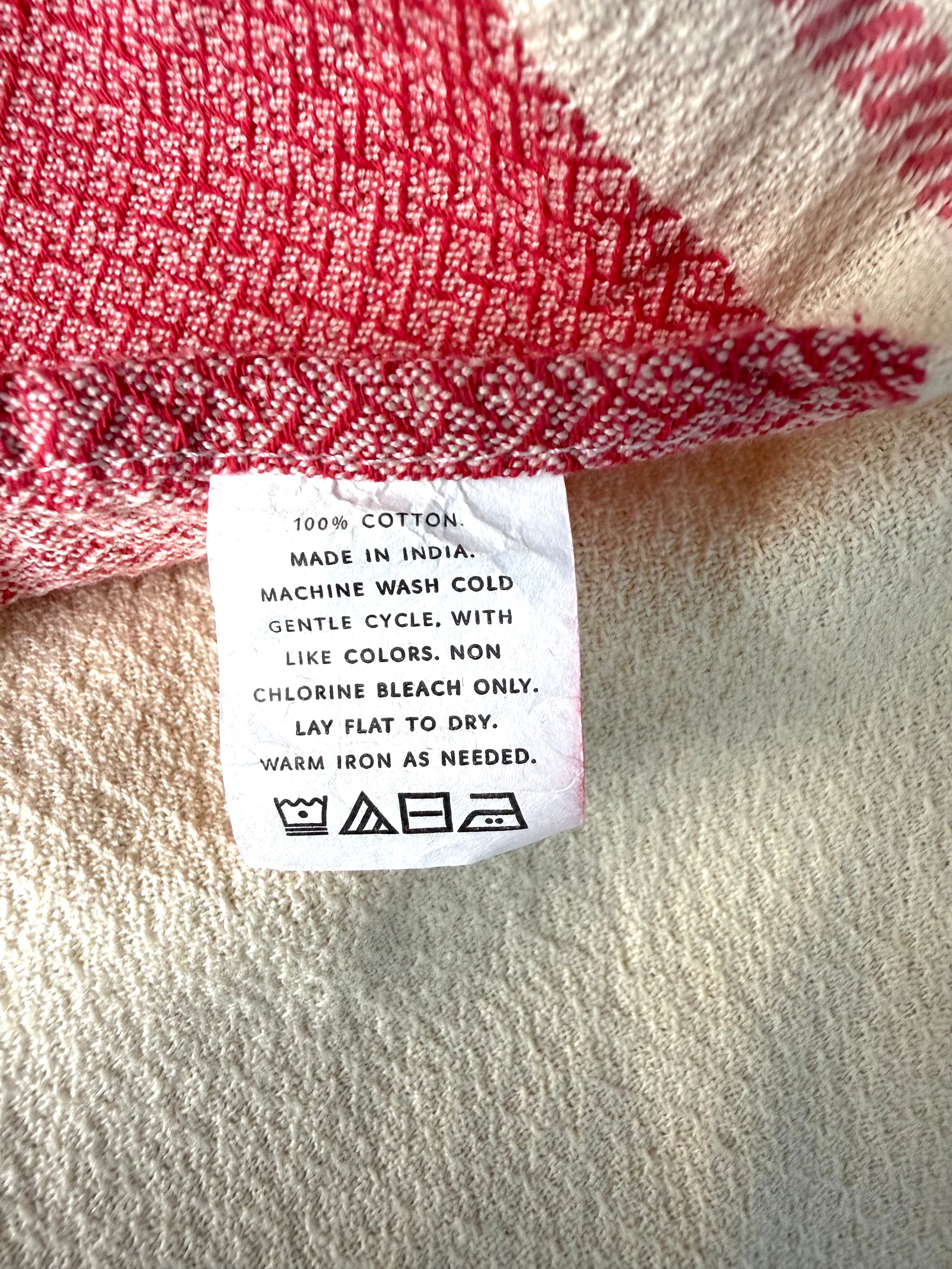 100% cotton fabric tag on 100% Cotton Tribe Alive — Handmade Cream Stripe Fringe Kaftan, One Size at Blue Sparrow Shop Canadian Resale Reimagined 