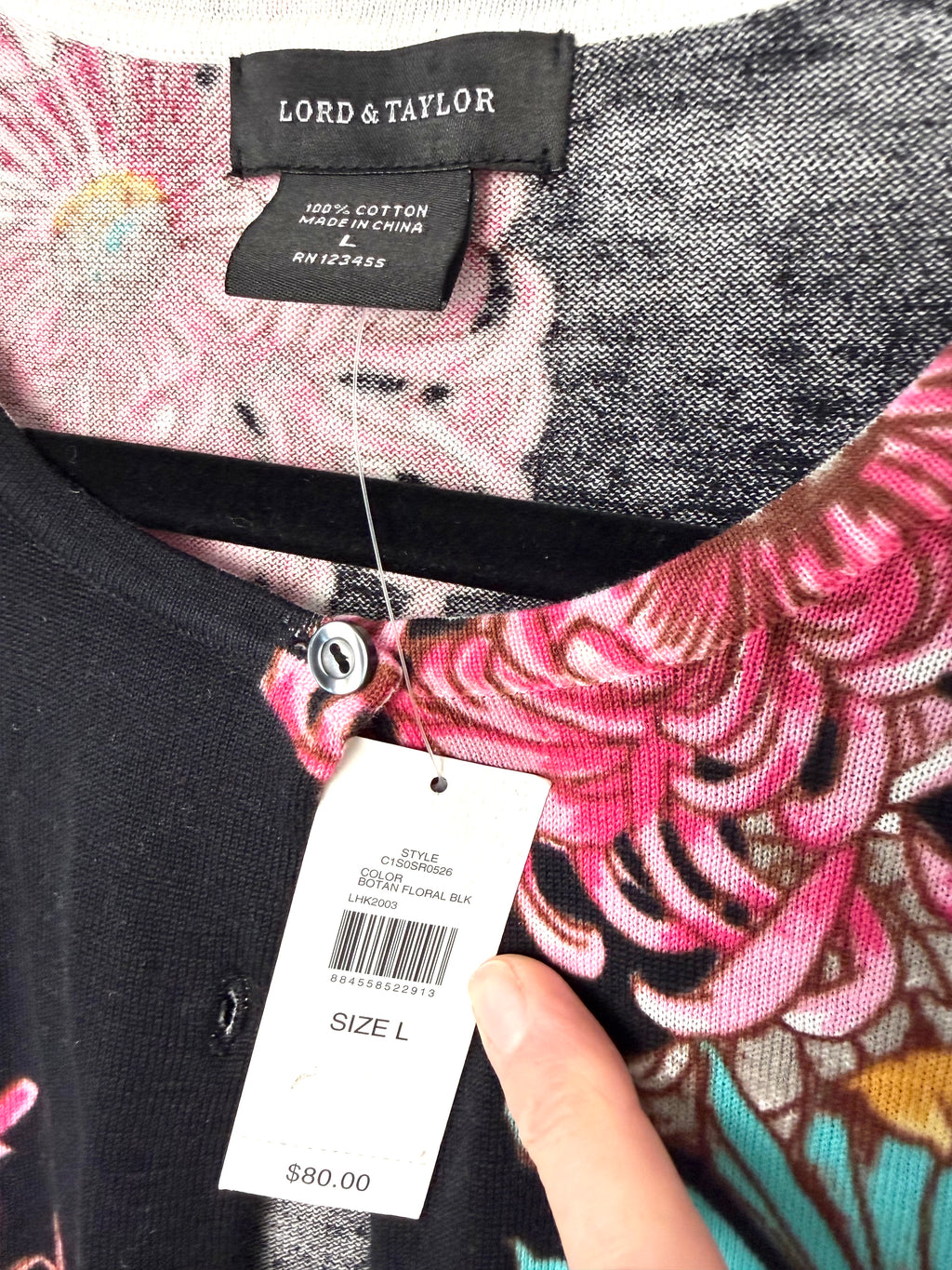 100% cotton hang tag inside NWT floral Lord & Taylor cardigan with original price 80.00