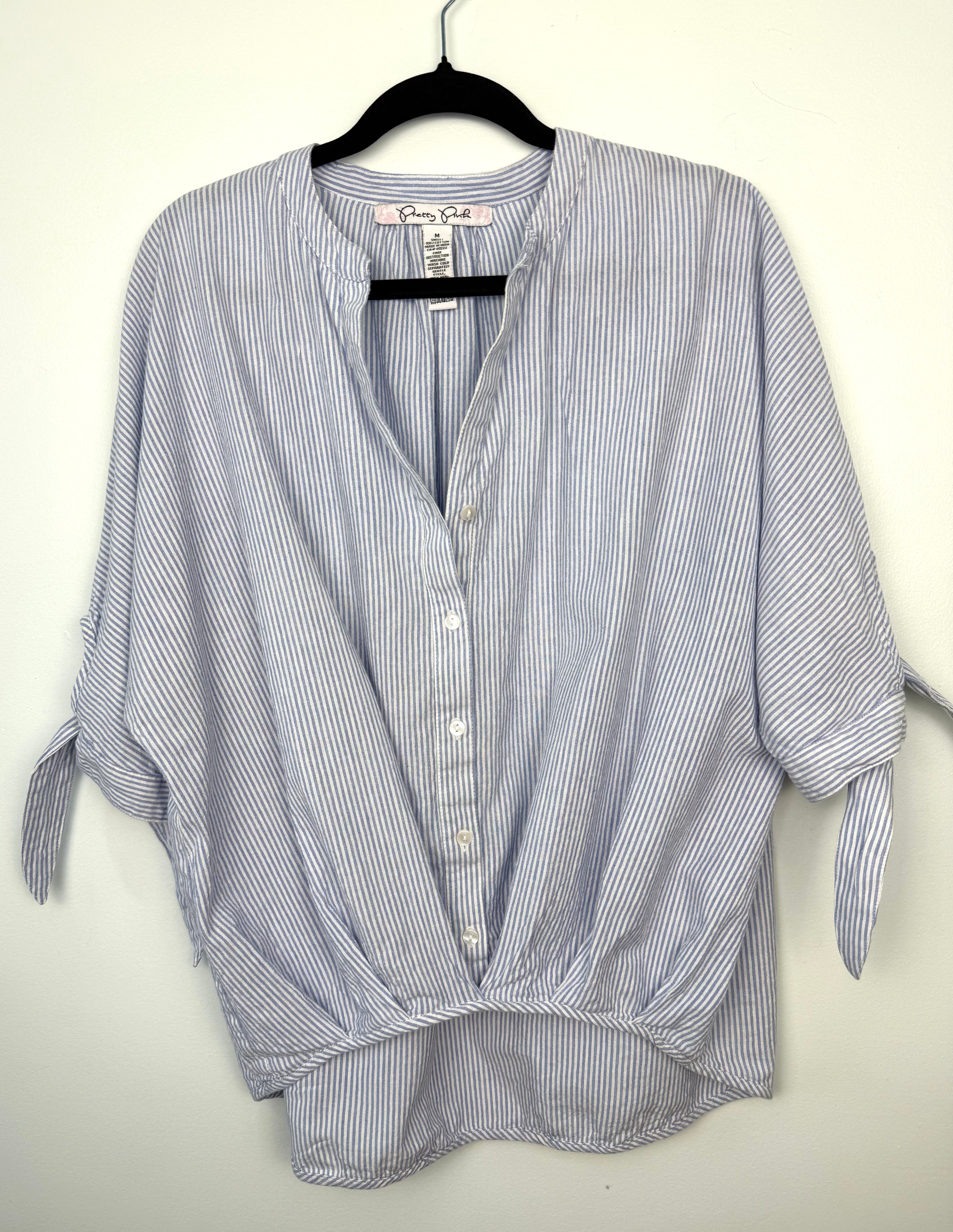100% cotton simple striped batwing button front shirt with tie at waist at Blue Sparrow Shop resale Canada on hanger