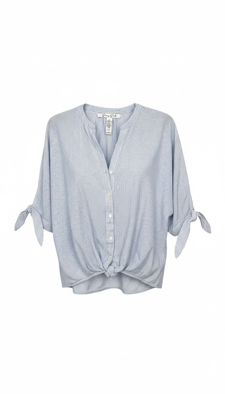 100% cotton simple striped batwing button front shirt with tie at waist at Blue Sparrow Shop resale Canada