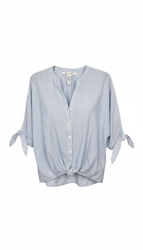 100% cotton simple striped batwing button front shirt with tie at waist at Blue Sparrow Shop resale Canada