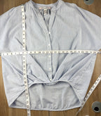 100% cotton simple striped batwing button front shirt with tie at waist at Blue Sparrow Shop resale Canada measuring 48" bust and 22-27" shoulder to hem