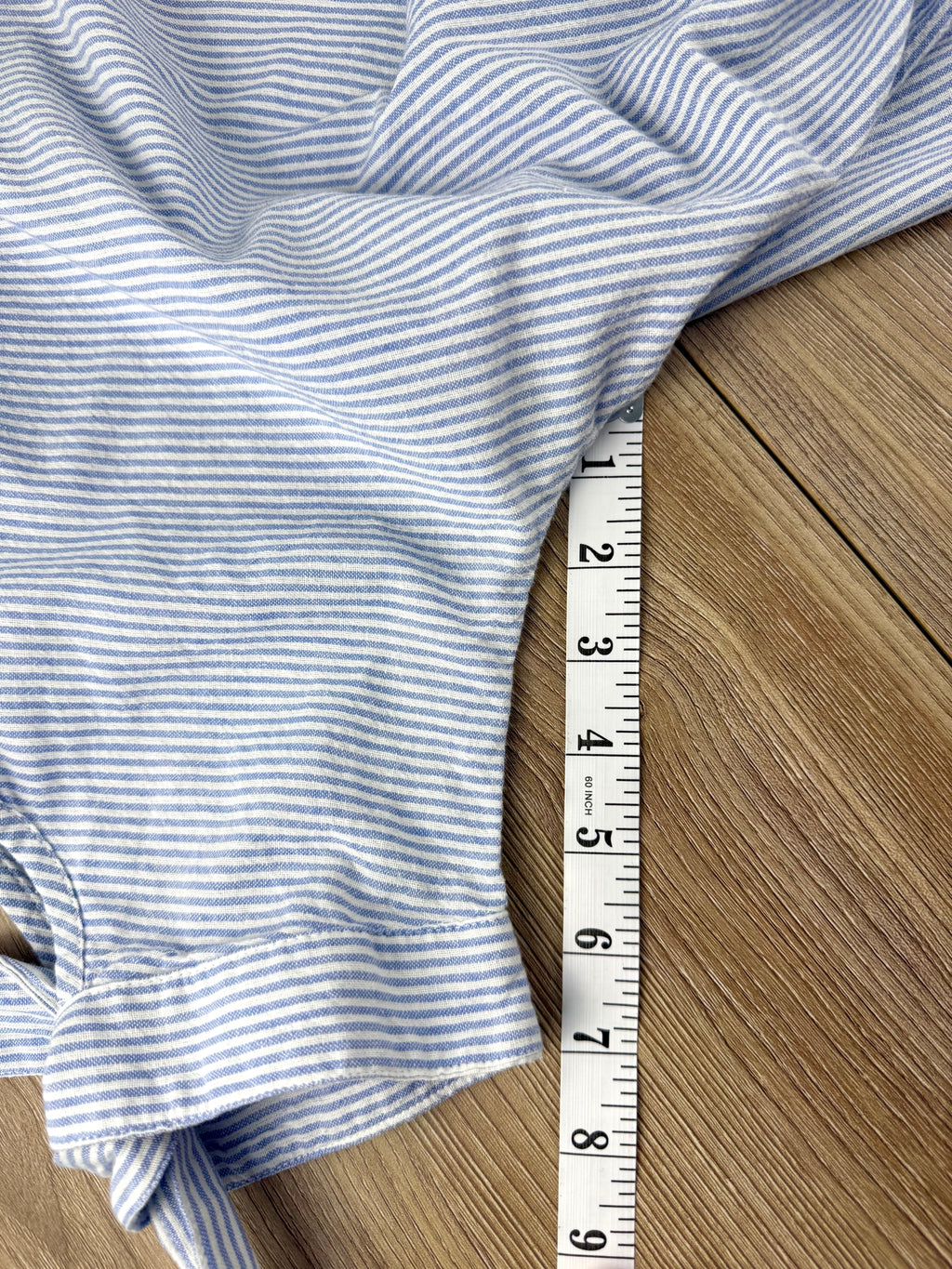 100% cotton simple striped batwing button front shirt with tie at waist at Blue Sparrow Shop resale Canada measuring 7" sleeve