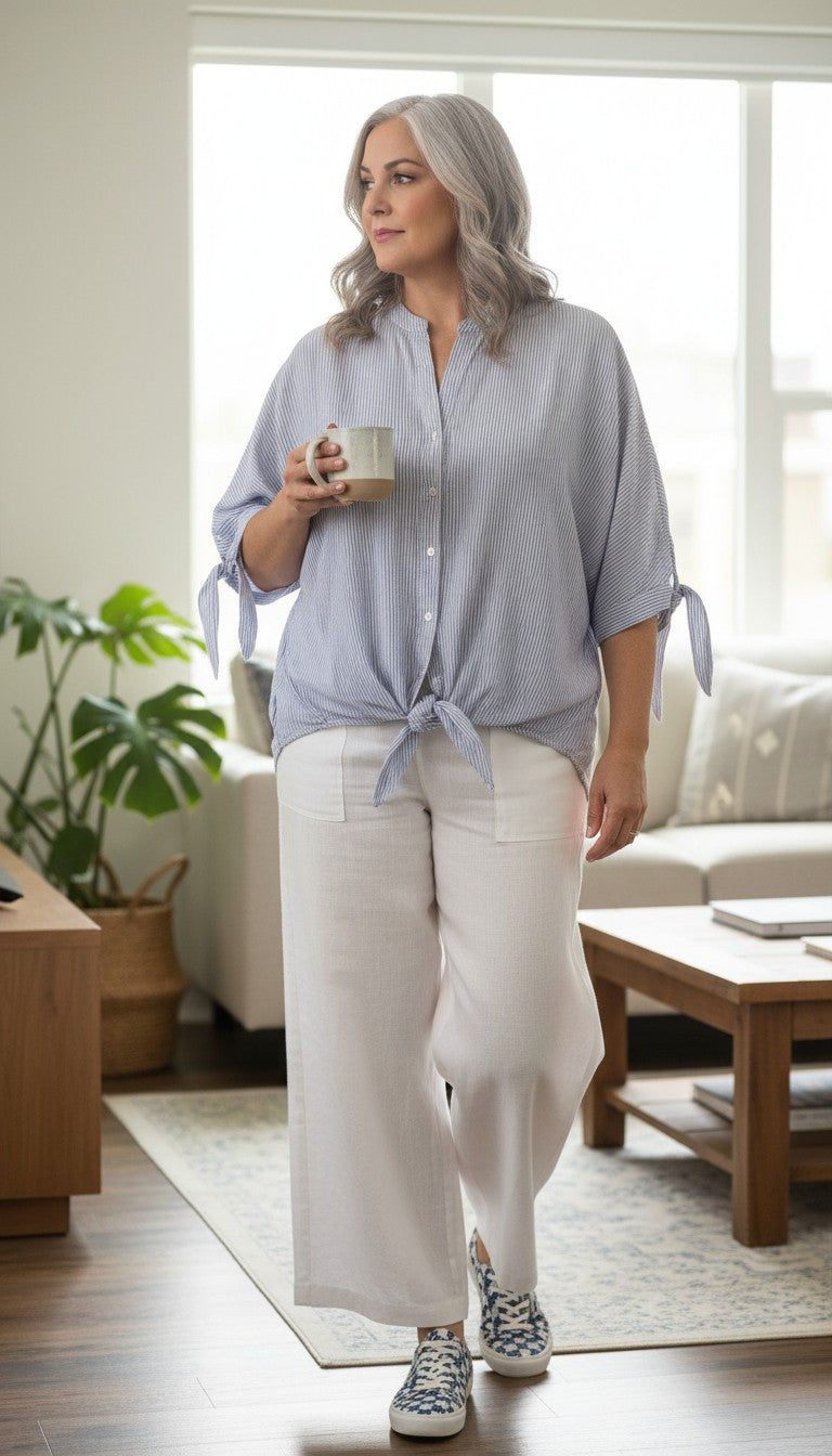 100% cotton simple striped batwing button front shirt with tie at waist at Blue Sparrow Shop resale Canada on woman in white linen pants