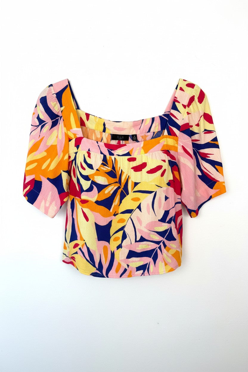 100% Cotton Ella Rafaella Tropical Blouse Cottagecore Summer Top size 1X on white background