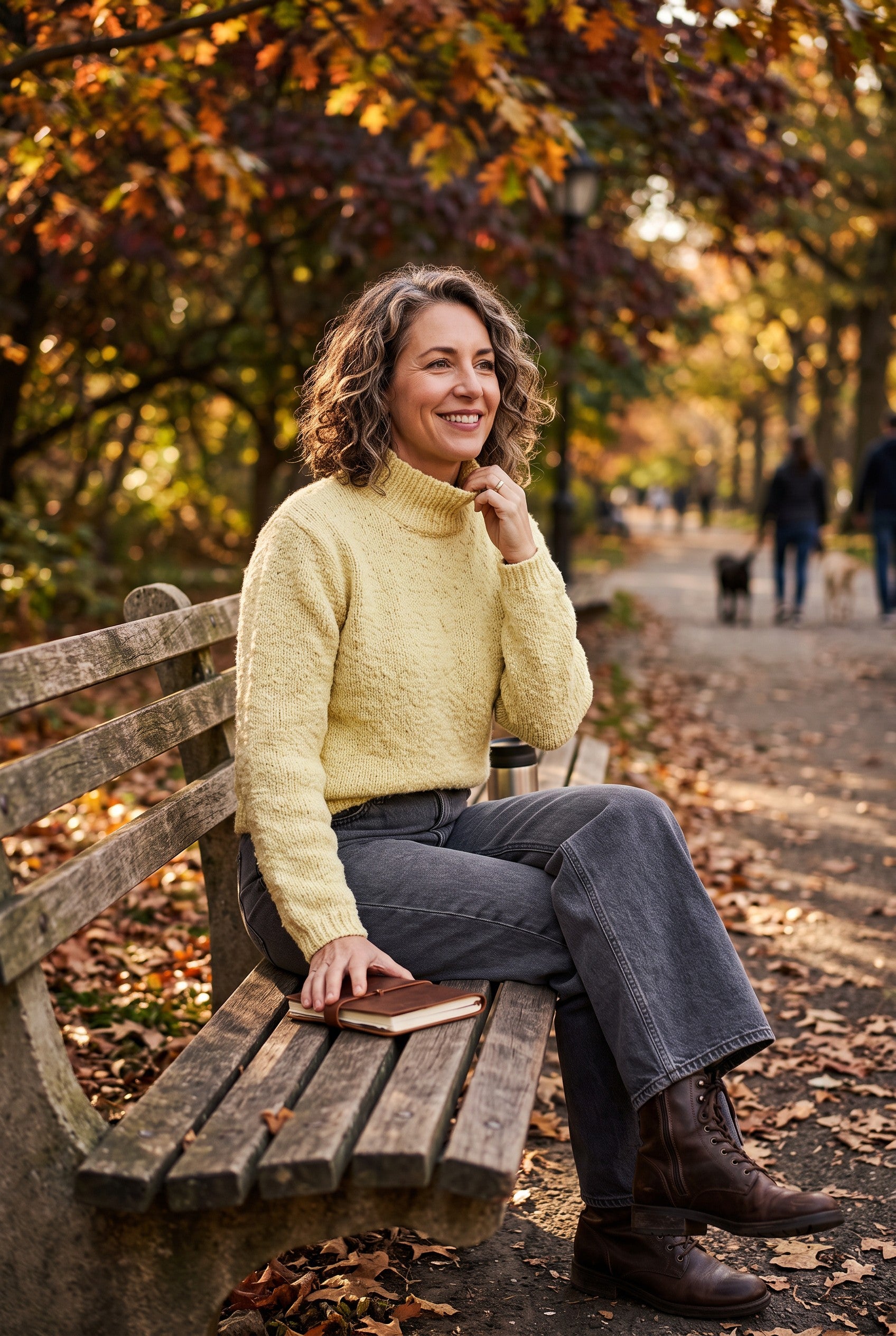 100% cotton talbots chunky knit sweater on woman wearing jeans and boots sitting on an outdoor bench in the fall 