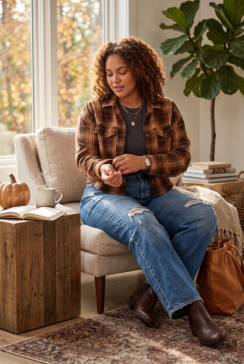 100% Cotton Ci Sono Cropped Plaid Shirt | Size M on woman with dark curly hair wearing jeans and boots sitting on chair
