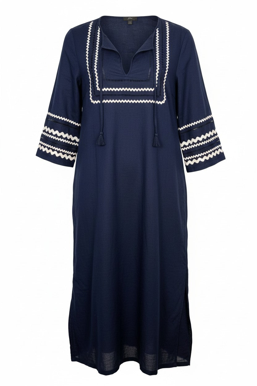 100% linen J Crew embroidered navy and white maxi dress at Blue Sparrow Shop on white background