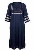 100% linen J Crew embroidered navy and white maxi dress at Blue Sparrow Shop on white background