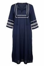 100% linen J Crew embroidered navy and white maxi dress at Blue Sparrow Shop on white background