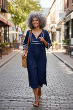 100% linen J Crew embroidered navy and white maxi dress at Blue Sparrow Shop on woman walking outside