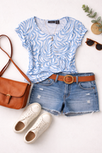 Tahari 100% Linen Top | Size S at Blue Sparrow Shop lifestyle photo with shorts