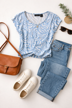 Tahari 100% Linen Top | Size S at Blue Sparrow Shop lifestyle photo with jeans