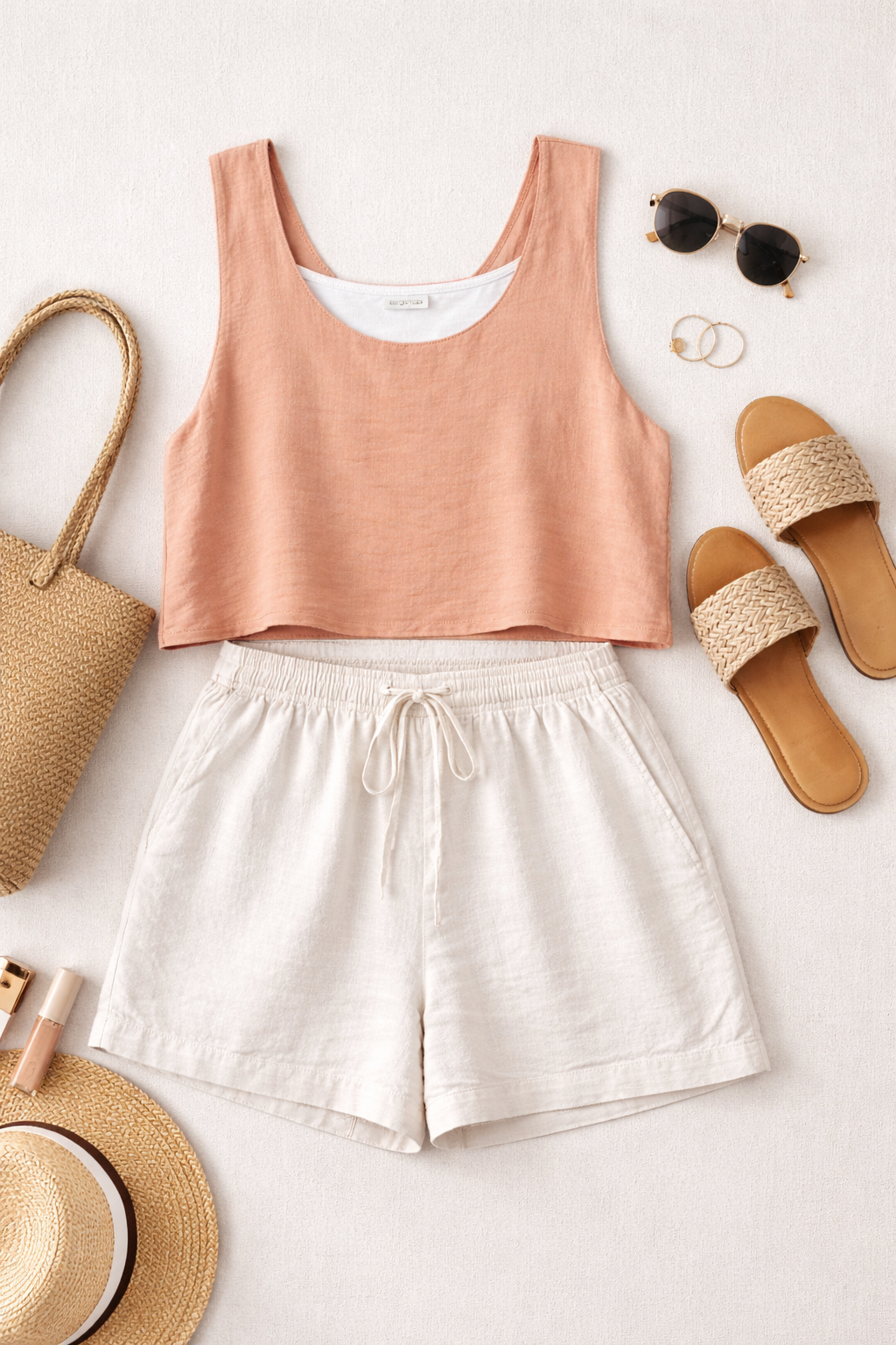 100% silk Linda Lundström Silk Crop Top | One Size at Blue Sparrow Shop flatlay with sandals, hat, shorts, sunglasses, bag