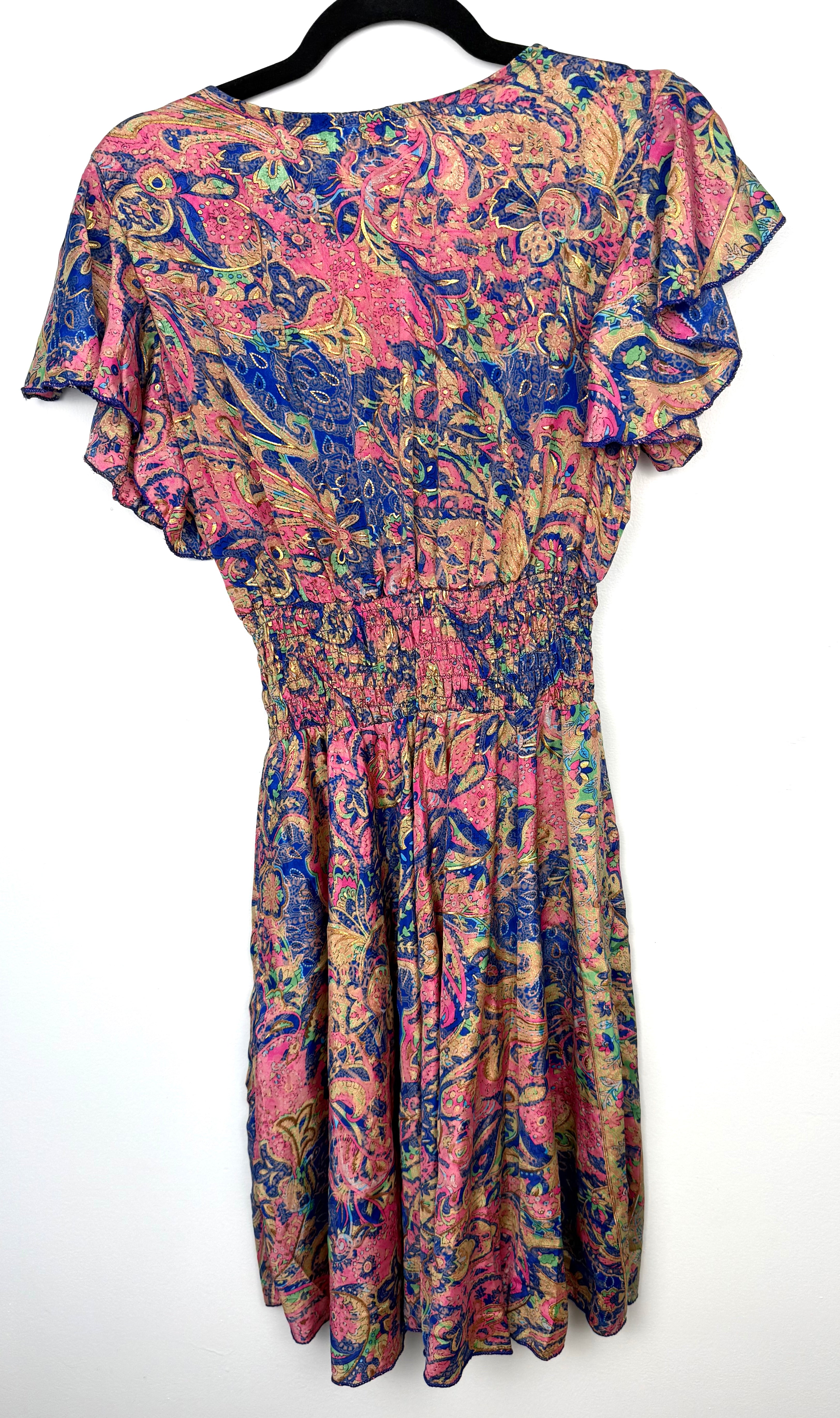 100% silk flutter sleeve Boho summer dress -back view on hanger
