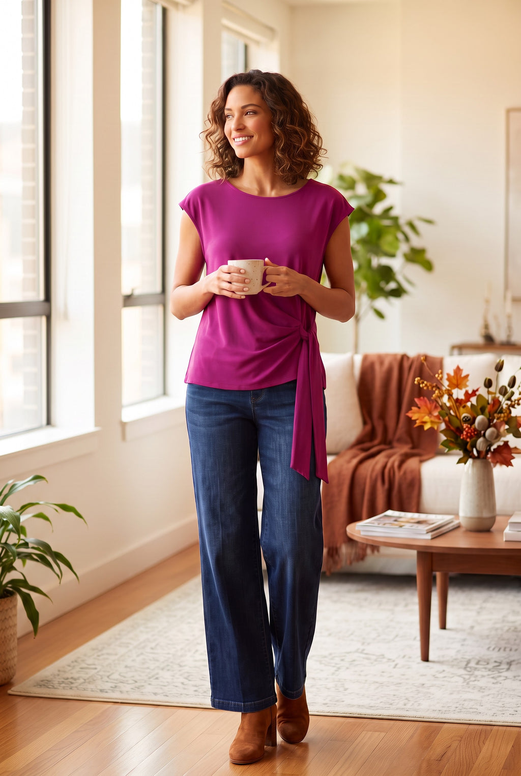 Vince_Camuto_Magenta_Draped_Side_Top_Size_M_at_Blue_Sparrow_Shop_on_white_background_on_woman_holding_coffee_cup_in_living_room