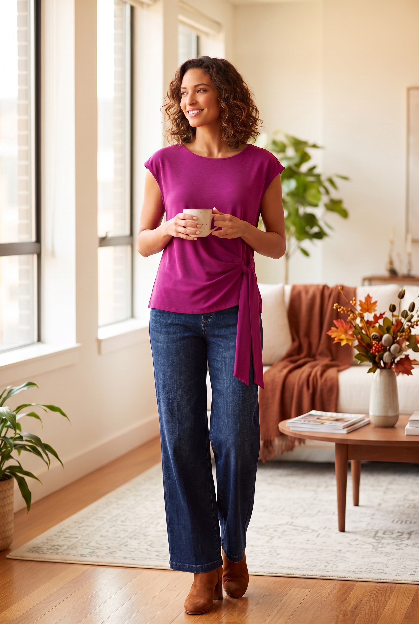 Vince_Camuto_Magenta_Draped_Side_Top_Size_M_at_Blue_Sparrow_Shop_on_white_background_on_woman_holding_coffee_cup_in_living_room