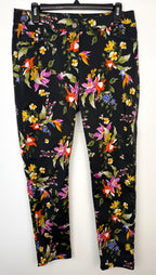 67% cotton Tricotto black tropical botanical floral skinny pants front view size 10 Canadian brand — Blue Sparrow pre-loved women's fashion