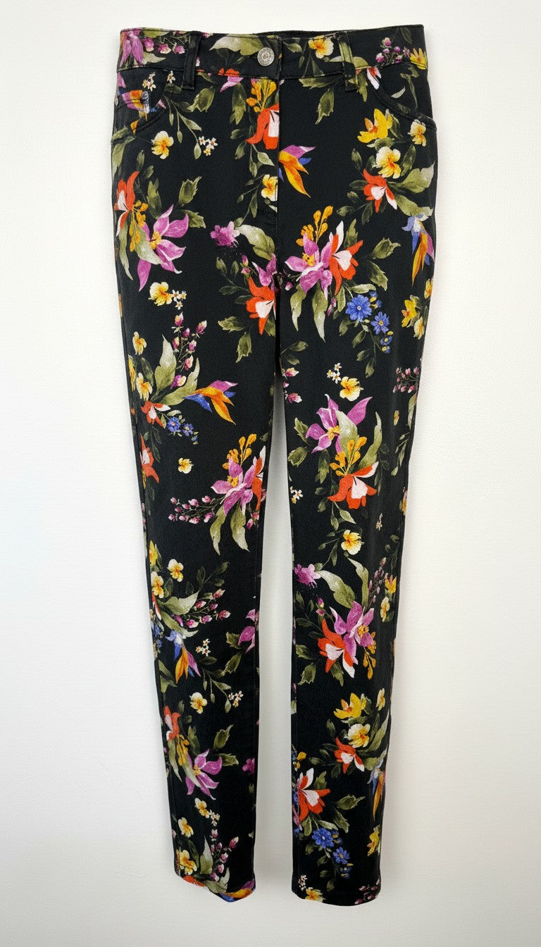 67% cotton Tricotto black tropical botanical floral skinny pants  size 10 Canadian brand — Blue Sparrow Shop  main image