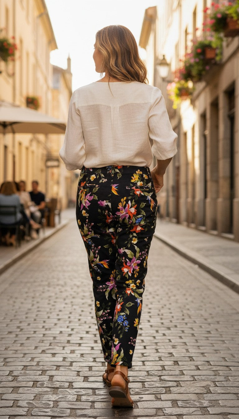 67% cotton Tricotto black tropical botanical floral skinny pants  size 10 Canadian brand — Blue Sparrow Shop  size 10 back of woman wearing them 