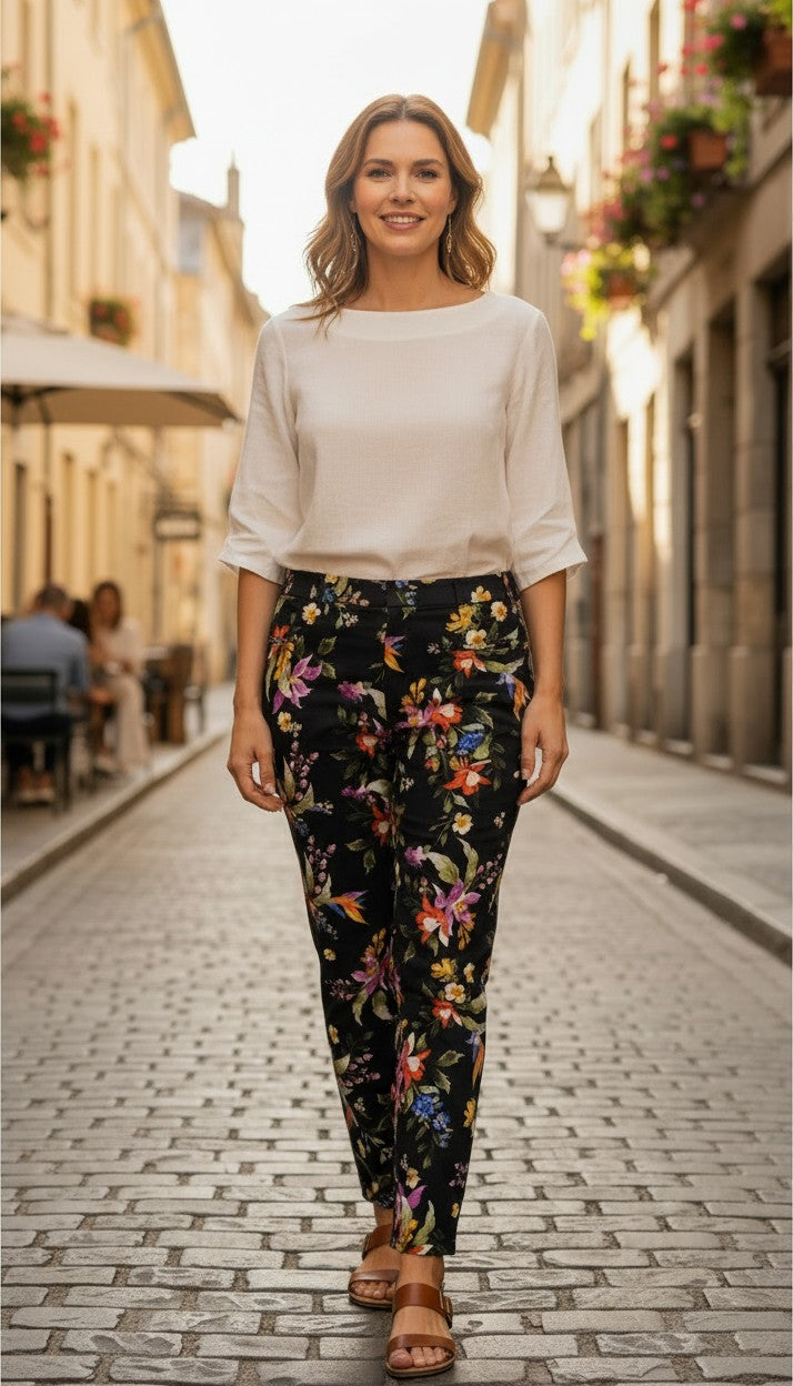 67% cotton Tricotto black tropical botanical floral skinny pants  size 10 Canadian brand — Blue Sparrow Shop  size 10 on woman in the street