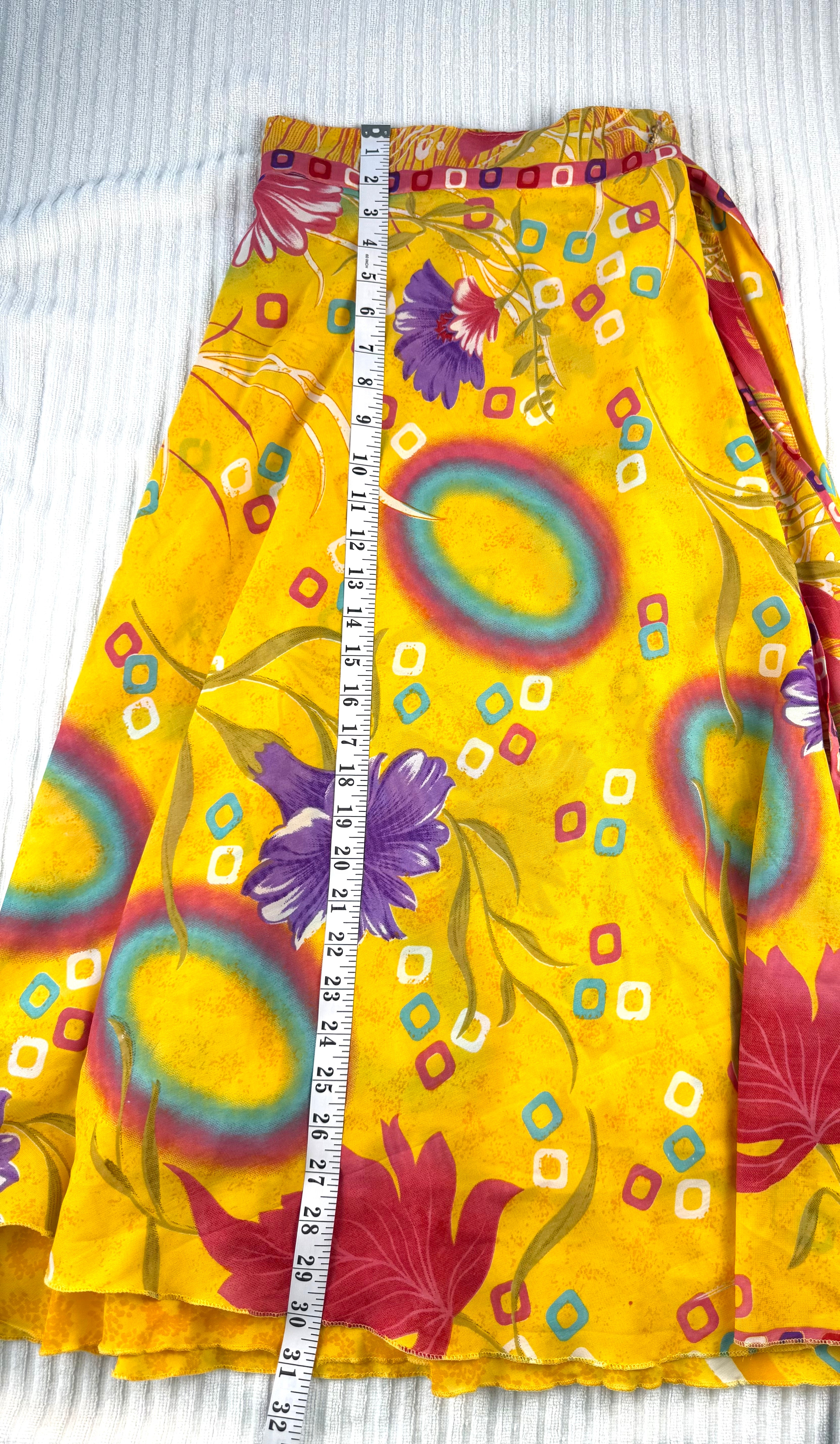 80% Silk Reversible Tropical Floral Wrap Skirt  at Blue Sparrow Shop measuring 31" long 