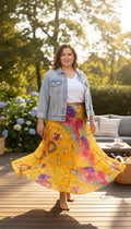 80% Silk Reversible Tropical Floral Wrap Skirt  at Blue Sparrow Shop on woman outside