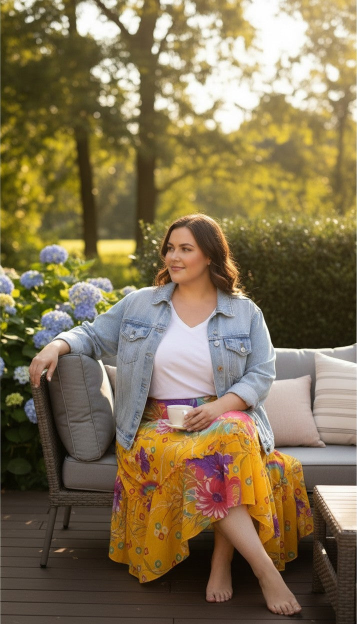 80% Silk Reversible Tropical Floral Wrap Skirt  at Blue Sparrow Shop on woman sitting down outside 