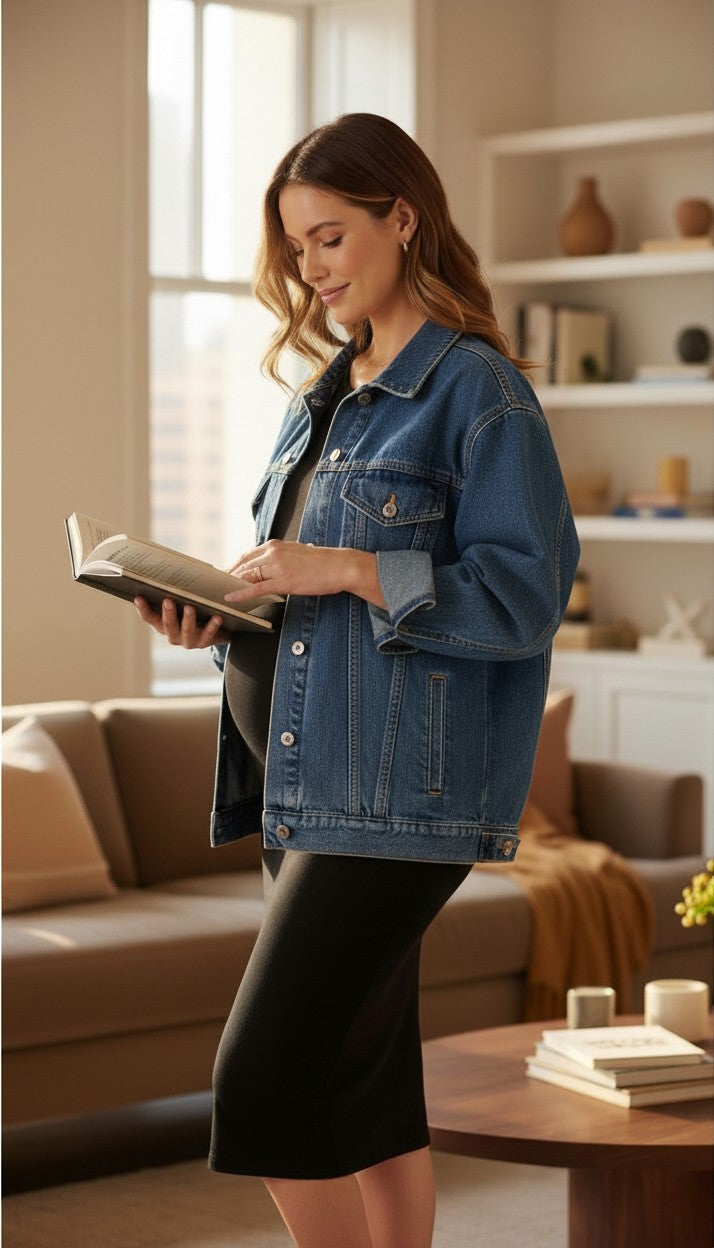 96% Cotton Old Navy Maternity Black Fitted Tank Dress at Blue Sparrow Shop   on woman wearing jean jacket reading a book