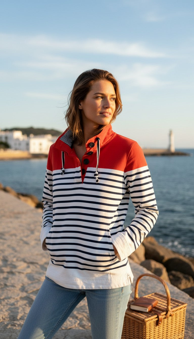98% Cotton Joules Nautical Breton Pullover | Size S at Blue Sparrow Shop on woman by the ocean 