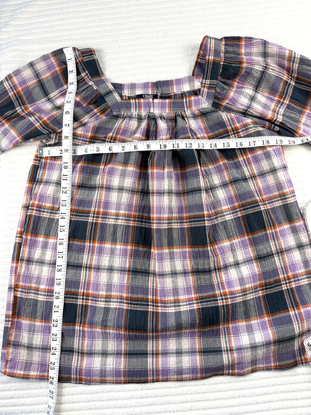 98% Cotton by Chaps Plaid Shirt | Size M at Blue Sparrow Shop measuring 38" bust and 26" shoulder to hem