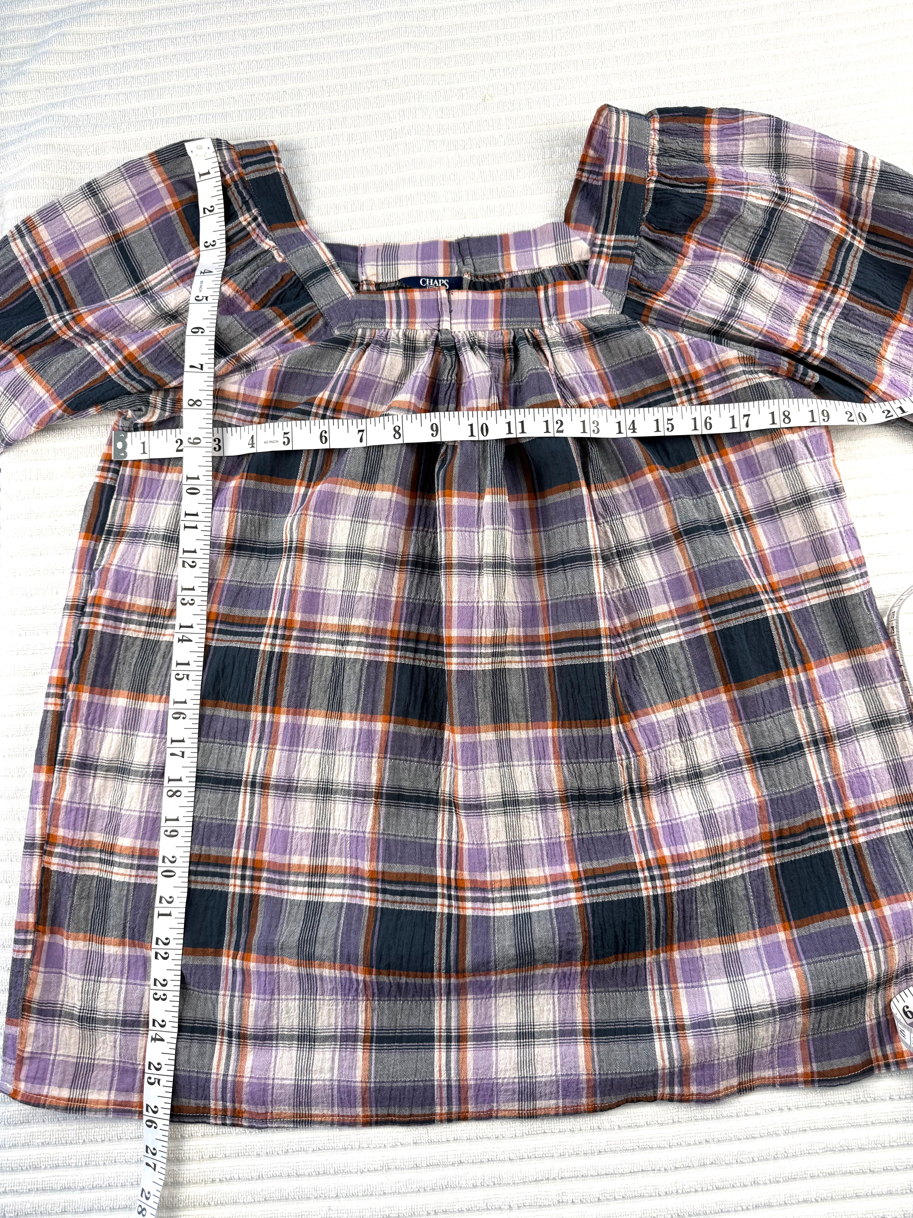 98% Cotton by Chaps Plaid Shirt | Size M at Blue Sparrow Shop measuring 38" bust and 26" shoulder to hem