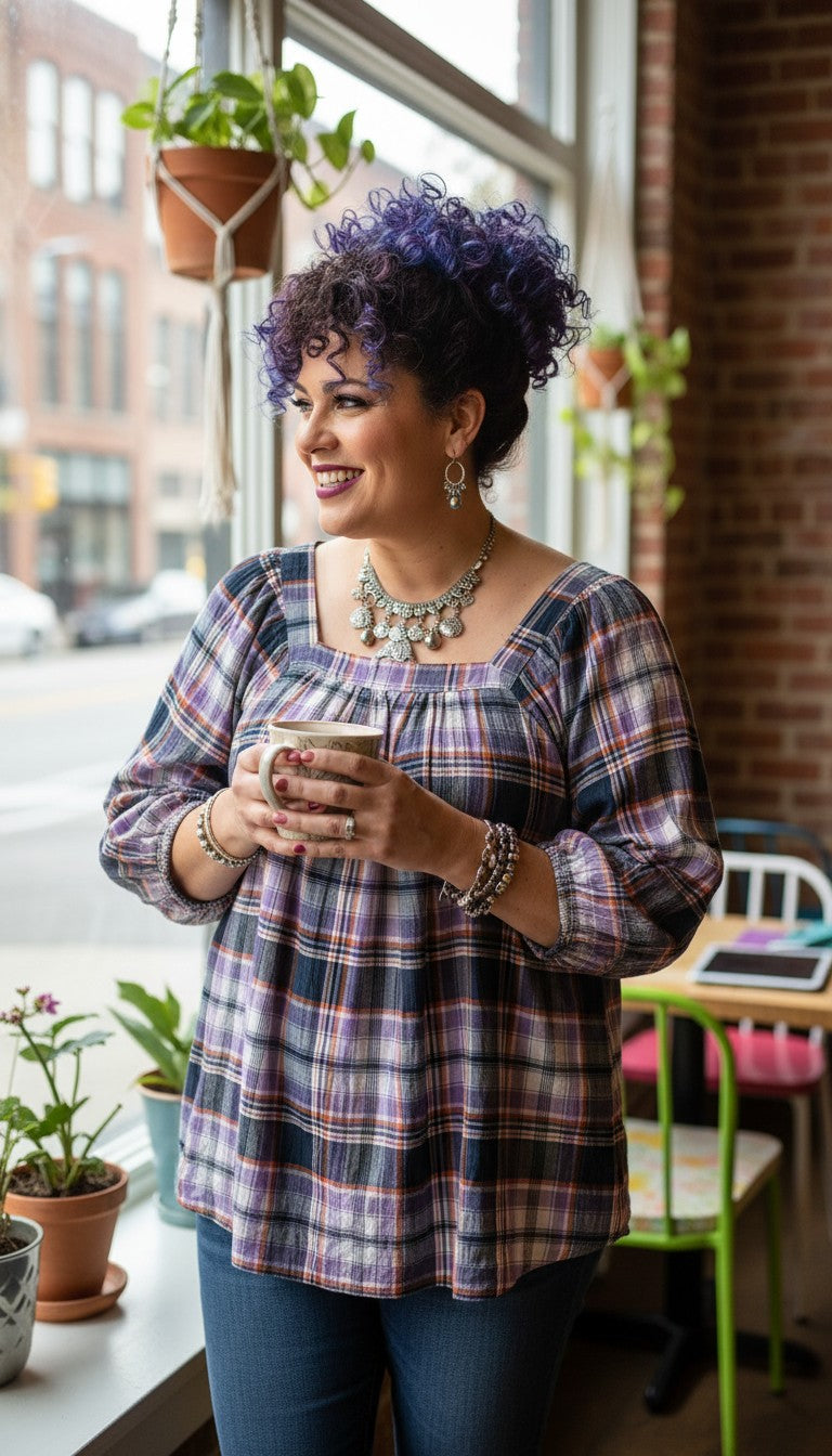 98% Cotton by Chaps Plaid Shirt | Size M at Blue Sparrow Shop on woman with purple curly hair looking out window