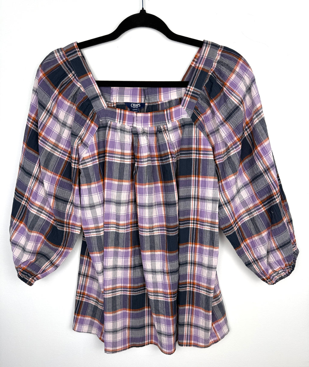 98% Cotton by Chaps Plaid Shirt | Size M at Blue Sparrow Shop on hanger