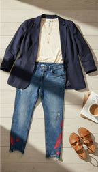 99% Cotton Dex Embroidered Jeans | Size 32 on display with career look 