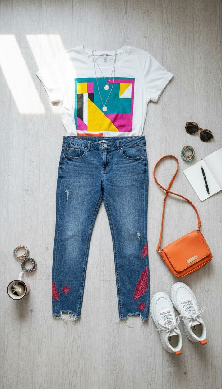 99% Cotton Dex Embroidered Jeans | Size 32 on display with funky look at Blue Sparrow Shop