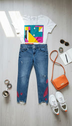 99% Cotton Dex Embroidered Jeans | Size 32 on display with funky look at Blue Sparrow Shop