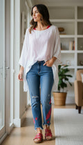 99% Cotton Dex Embroidered Jeans | Size 32 on woman standing by window  at Blue Sparrow Shop
